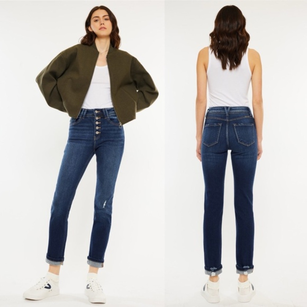 Kancan Reese High Rise Slim Straight 15/31 Dark Distressed Washed Button…